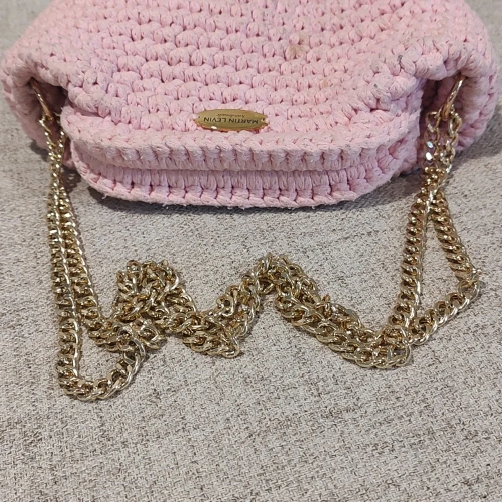 Martin Levin Handmade Crochet Woven Pink Bag w/Gold Hardware